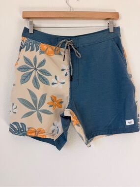 Katin Two-Tone Floral Board Shorts in Blue & Beige with Orange Accents